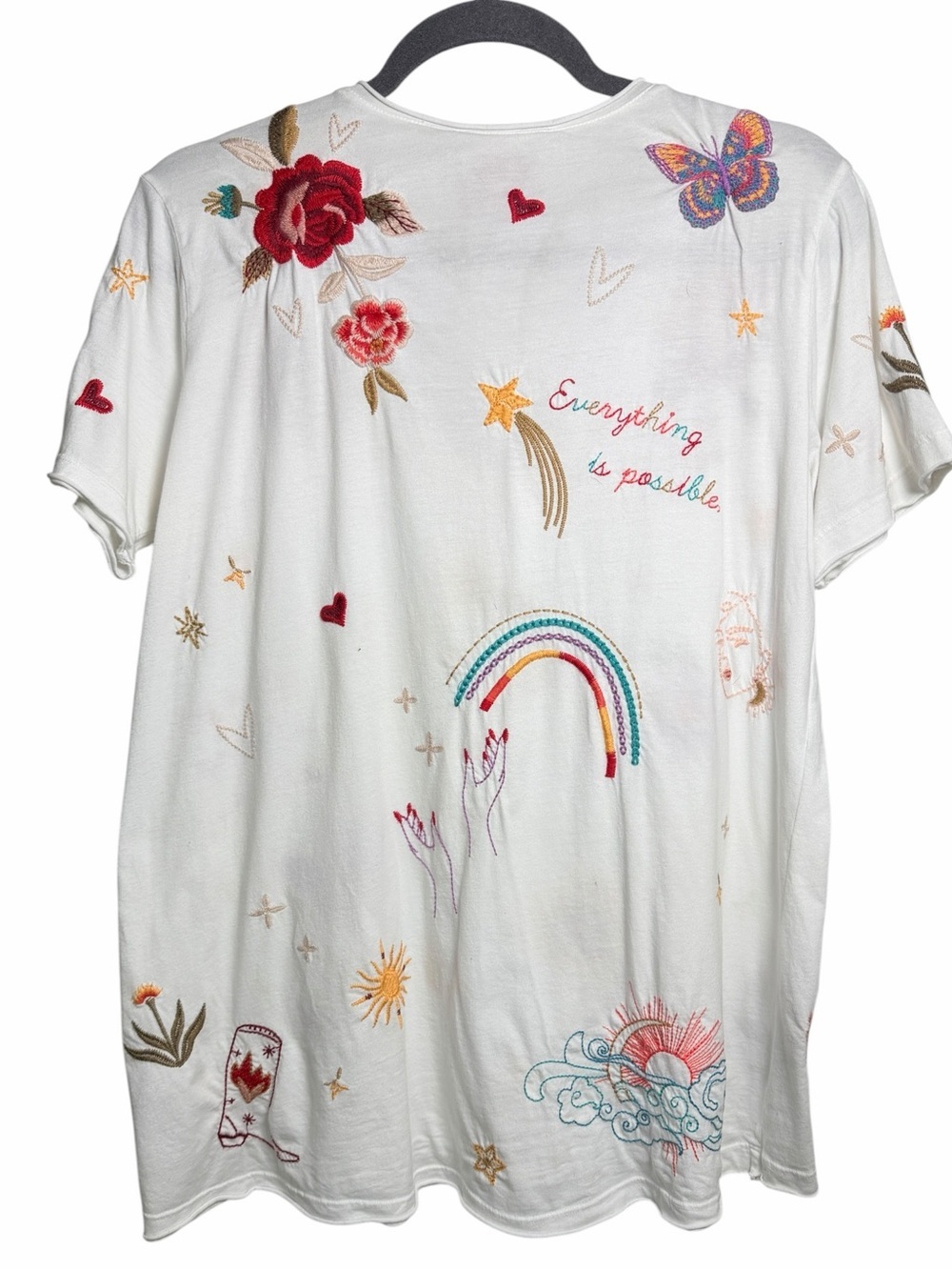 Johnny Was Monroe White V-Neck Tee with Embroidered Motifs - Picture 6 of 8